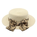 Elegant cream boater straw hat with a brown floral bow ribbon and wide flat brim - Beige / M (56-58cm)