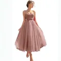 Elegant dusty pink tulle mesh spaghetti strap A-line dress for parties and events - US size 12 (L) / Top And Bottom / Dusty Rose