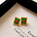 Vintage gold earrings with green enamel and red stone floral cross on fabric - 10# Vintage Rectangle Enamel Red Bead Studs - Gold-Green