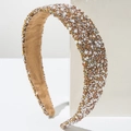 Luxury padded headband featuring champagne crystals and pearls on plush beige velvet - Light Coffee
