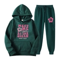 Survêtement en polaire vert foncé avec imprimé floral rose et texte Ocean Surf City - S (L) / Haut Et Bas / Vert Foncé / Imprimé Floral (21)