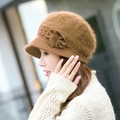 Brown fluffy rabbit fur knitted beret for women with elegant floral detail and brim - One Size / Khaki (Mink Flower Style)