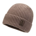 Men's winter ribbed knit beanie in khaki brown with premium leather patch detail - Khaki