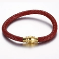 Braided red leather cord bracelet featuring a polished gold spherical metal clasp - Red (KB115161-KFC)