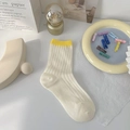 Japanese style hollow knit crew socks in beige with bright yellow contrast rim - Yellow Contrast Cuff