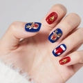 Short square Christmas press-on nails featuring reindeer, stockings, and bells on blue and red glitters - Christmas Reindeer and Bells Style (CW757)