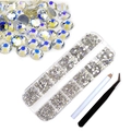 12-grid nail art rhinestones kit with glass gems, wax picker pen, and black tweezers set - Starry Purple Set with Dotting Pen & Tweezers