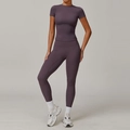 Women's smokey purple yoga set featuring a tight short sleeve tee and high waist leggings - S / Top And Bottom / Short Sleeve + Leggings / Eggplant Purple