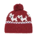 Berretto in maglia rossa con pompon, motivo Terrier bianco e morbida trama in mohair - M(56-58cm) / Borgogna