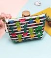 Close-up of cactus pattern canvas coin purse with zipper and stripe design - Cactus-7