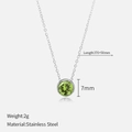 Minimalist silver stainless steel necklace featuring a 7mm round green zircon pendant - August Light Green (Peridot Color) / Silver