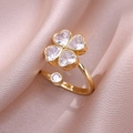 Golden open ring with four-leaf clover heart zircons on soft pink silk fabric - Rotatable Clover Ring (J0281) / Adjustable Open / White Zircon/Gold