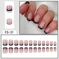Short square French press-on nails set in nude base with black tips, model FS-31 - FS-31 Nude Base Black Tip