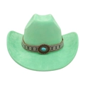 Mint green western cowboy hat with ethnic braided band and turquoise ornament - One Size / Oval Blue Stone Decoration / Mint Green