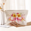 Cream corduroy cosmetic bag featuring colorful bow and sunflower prints with gold zipper - Beige Sunflower Bow Illustration (MZ042104)
