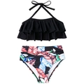 Two-piece girls swimsuit with black ruffle halter top and tropical palm leaf print bottoms - Kids 116 / Double Orange Leaves