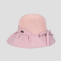 Detail of pink summer sun hat showing straw weave texture and elegant bow with gold logo - M(56-58cm) / Pink
