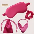 Rose red satin sleep mask set with matching scrunchie headband and drawstring bag - 4pcs Set (Short Bag) / Rose Red