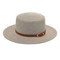 Detail shot of the fine light gray woven texture with brown faux leather band and gold buckle - M (56-58cm) / Light Gray