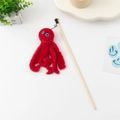 Red plush octopus cat wand toy with wooden stick, elastic string and small silver bell - Octopus / Red