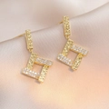 Gold geometric square drop earrings featuring textured metal and zircon pavé detailing - Geometric Dual-Texture Rectangle Style (E0462)