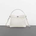 White woven leather handbag with silver metallic lock and detachable shoulder strap - Off White