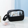 Minimalist black faux leather makeup bag with transparent PVC window and nylon handle - Small / Black