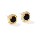 Square halo stud earrings with black zircon center and gold plated finish for women - Gold Black Zirconia