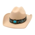 Ethnic beige cowboy hat with turquoise floral embroidery and vintage bronze stone - One Size / Beige