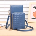 Morandi blue crossbody phone bag with embossed grid pattern and golden zipper details - Blue