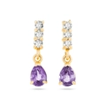 Close-up of gold drop earrings with purple pear-shaped crystal and small round zircon stones - Purple Gold
