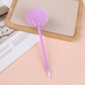 Detailed close-up of a cute purple pom-pom ball atop a creative plush ballpoint pen for writing - 0.5mm / Purple