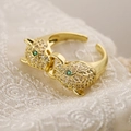 Adjustable 18K gold plated leopard open ring with green stones and sparkling white zircons - 13159 (Double Leopard Head Gold)