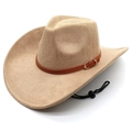 Khaki suede western cowboy hat with brown leather belt and adjustable chin strap - M (56-58cm) / Camel