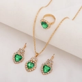 Detailed view of bridal jewelry set with green heart gems and crystals in gold setting - Three-Piece Set / Heart-LOVE Green