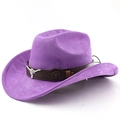 Detail of purple felt cowboy hat with leather band and silver bull head metal ornament - M (56-58cm) / Taro Purple