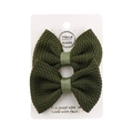 Set of two dark olive green textured seersucker bow hair clips on display card - Army Green