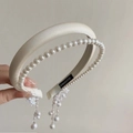 Elegant cream white satin headband with double row pearls and swinging pearl tassels - White Double-Layer Pearl Tassel