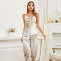 Women's satin camisole and pants pajamas set with elegant vintage floral print - S / Gray Cherry