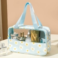Light blue floral transparent PVC toiletry bag with white flowers and double handles - Medium / Blue Daisy