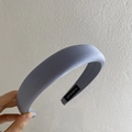 Detailed view of handmade lavender silk headband with thick padding and inner label - Fog Blue