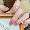 Short coffin press-on nails with blue heart, cartoon cat, and silver glitter accents - By2191 Is Overjoyed / Glue Type