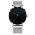 Detail of minimalist black watch dial with blue markers and silver mesh strap - Mesh Band Silver Case Blue Hands