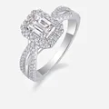 Emerald cut moissanite halo ring in S925 sterling silver with twisted pavé band - R13023 Twisted Shank Style