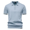 Polo uomo in maglia celeste con colletto a zip e trame verticali a maniche corte - S / Stile con collo a zip / Azzurro