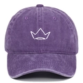 Close-up of crown embroidery and distressed purple washed cotton texture on baseball cap - Adjustable / Purple