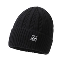 Bonnet d'hiver noir à grosses mailles avec revers et étiquette rectangulaire blanche - Noir