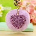 Sparkly purple rhinestone heart and fuzzy pompom keychain with golden metal clasp - Peach Heart + Light Purple Pompom