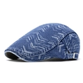 Adjustable blue washed denim newsboy cap with vintage V-pattern print for men and women - Medium Blue V-Shape Print Style
