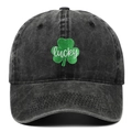 Washed dark grey cotton baseball cap with green lucky leaf clover embroidery - Adjustable / Black